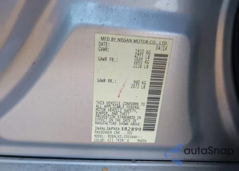 2014 Nissan Altima 2.5/2.5 S/2.5 Sl/2.5 Sv from USA, damaged, VIN 1N4AL3APXEN382899